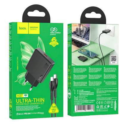 Netzladegerät mit Lightning-Kabel HOCO N37, 30W, 3A, 1 x USB-C, Schwarz