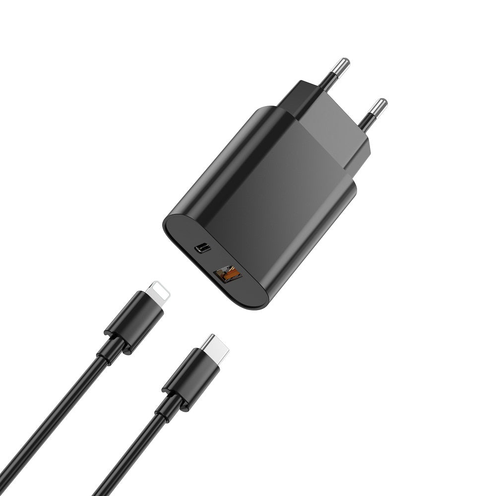 Netzladegerät mit Lightning-Kabel WiWu Wi-U002, 20W, 3A, 1 x USB-A - 1 x USB-C, Schwarz