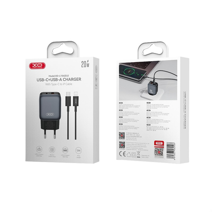Netzladegerät mit Lightning-Kabel XO Design L154, 20W, 3A, 1 x USB-A - 1 x USB-C, Schwarz