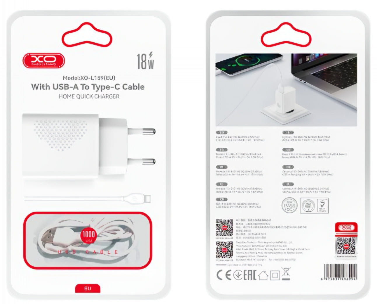 Netzladegerät mit USB-C Kabel XO Design L159, 18W, 3A, 1 x USB-A, Weiß