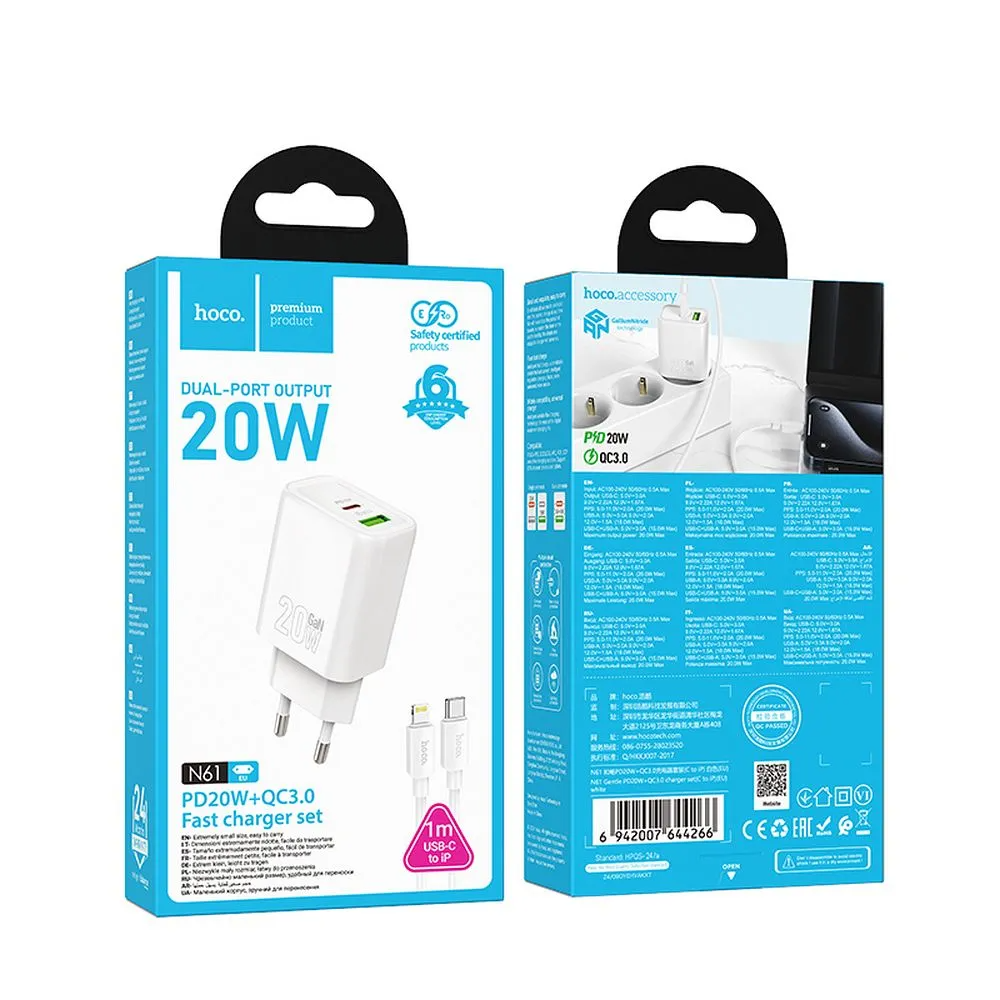Netzladegerät mit Lightning-Kabel HOCO N61, 20W, 3A, 1 x USB-A - 1 x USB-C, Weiß