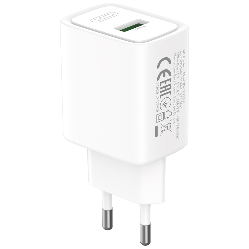 XO Design CE50 Netzladegerät mit USB-C-Kabel, 18 W, 3 A, 1 × USB-A, Weiß