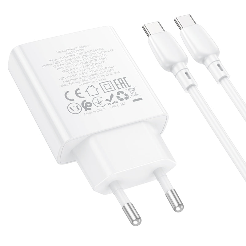 Netzwerkladegerät mit USB-C-Kabel Borofone BN25 Wish, 30 W, 3 A, 1 x USB-A - 1 x USB-C, Weiß