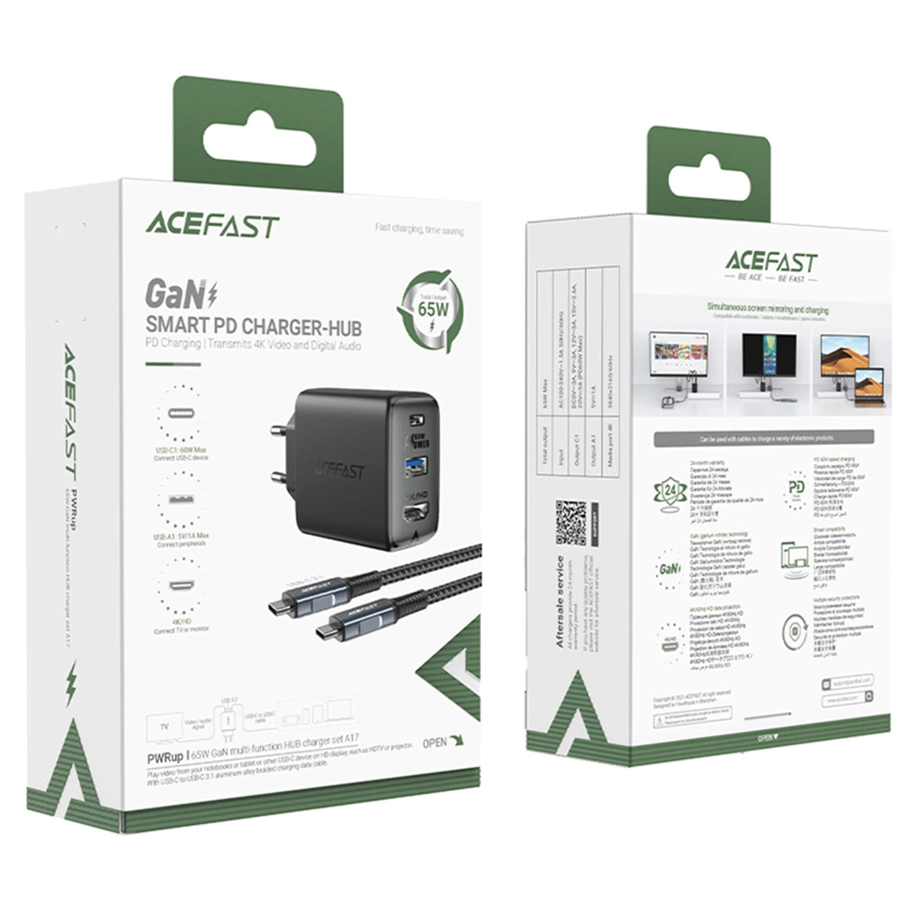 Acefast A17 Hub TV-Kabel-Netzwerk-Ladegerät, 65 W, 3 A, 1 x HDMI – 1 x USB-A – 1 x USB-C, Schwarz