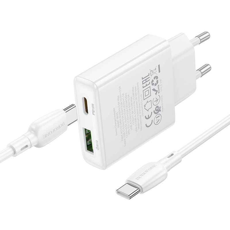 Netzwerkladegerät mit USB-C-Kabel Borofone BN25 Wish, 30 W, 3 A, 1 x USB-A - 1 x USB-C, Weiß