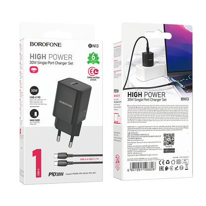 Borofone BN13 Sicherheitsnetzwerk-Ladegerät mit USB-C-Kabel, 30 W, 3 A, 1 x USB-C, Schwarz