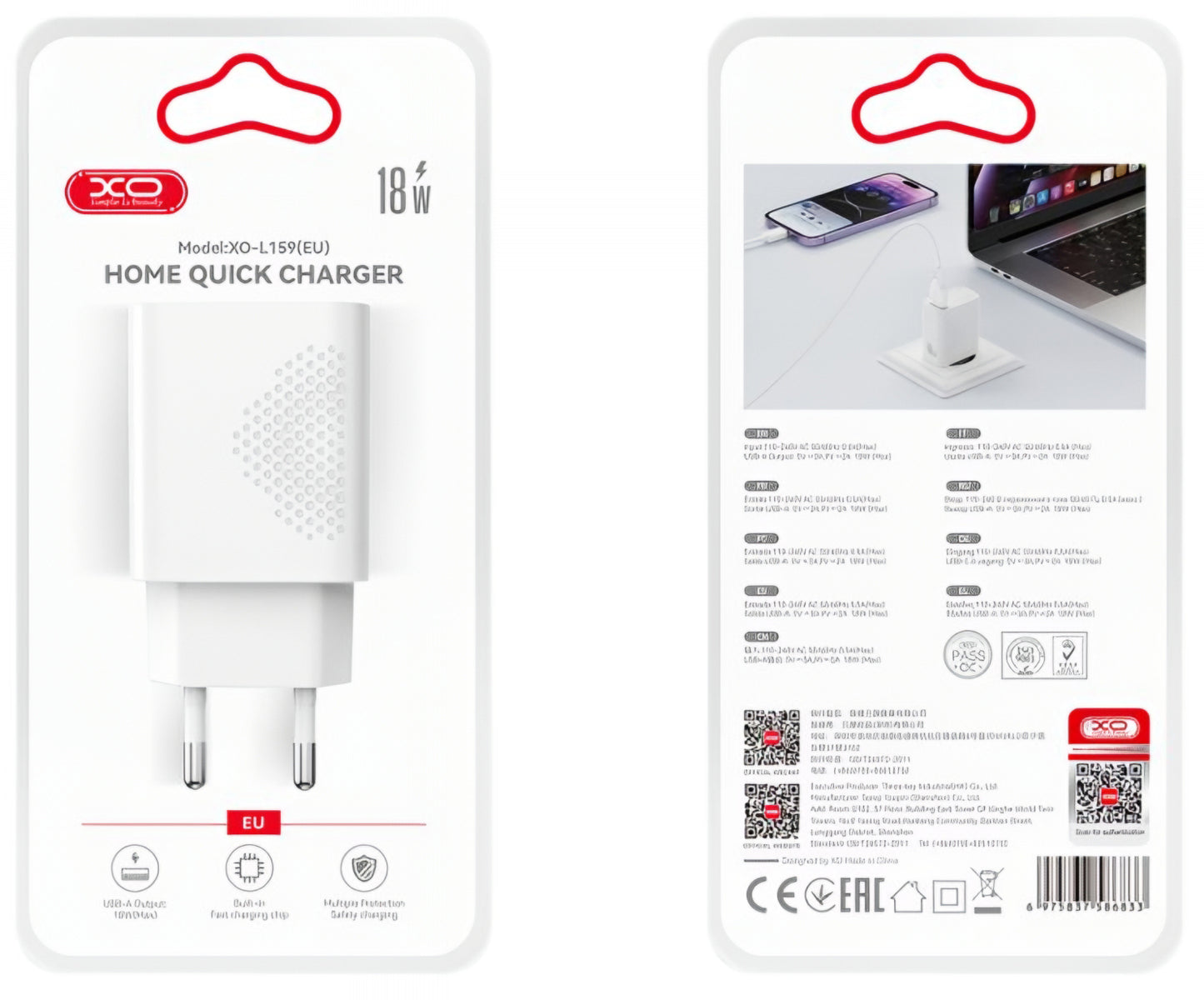 Netzladegerät mit microUSB-Kabel XO Design L159, 18W, 3A, 1 x USB-A, Weiß