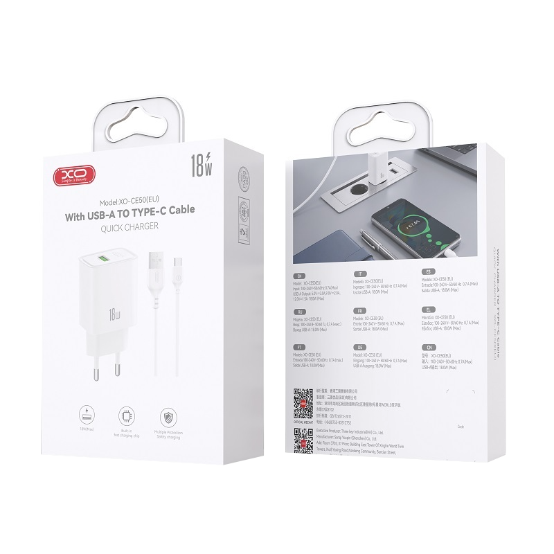 XO Design CE50 Netzladegerät mit USB-C-Kabel, 18 W, 3 A, 1 × USB-A, Weiß