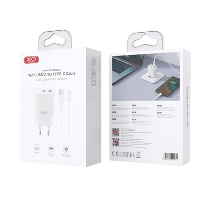 XO Design CE55 Mains Charger with USB-C Cable, 12W, 2.4A, 2 x USB-A, White