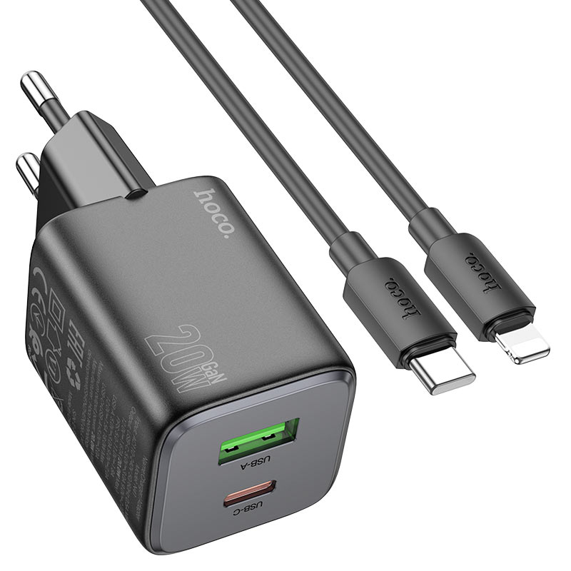 Netzladegerät mit Lightning-Kabel HOCO N41, 20W, 3A, 1 x USB-A - 1 x USB-C, Schwarz
