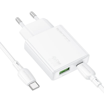 Netzwerkladegerät mit USB-C-Kabel Borofone BN25 Wish, 30 W, 3 A, 1 x USB-A - 1 x USB-C, Weiß