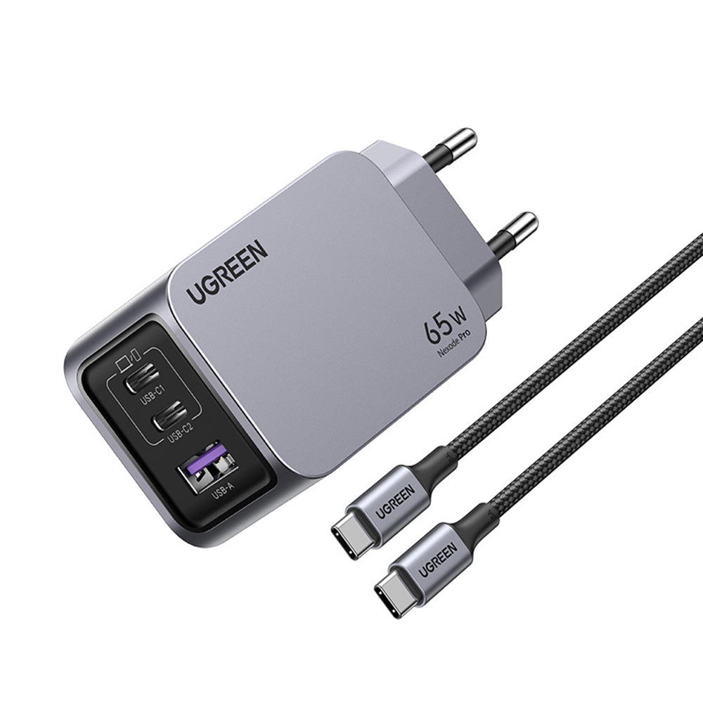 Netzladegerät mit USB-C Kabel UGREEN X755 Nexode Pro, 65W, 3A, 1 x USB-A - 2 x USB-C, Grau