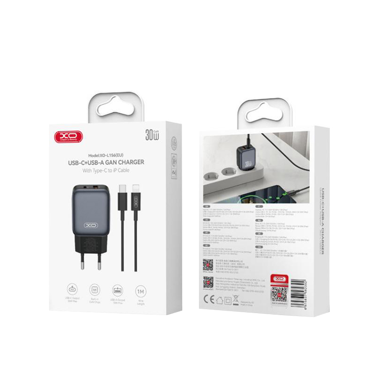 Netzladegerät mit Lightning-Kabel XO Design L156, 30W, 3A, 1 x USB-A - 1 x USB-C, Schwarz
