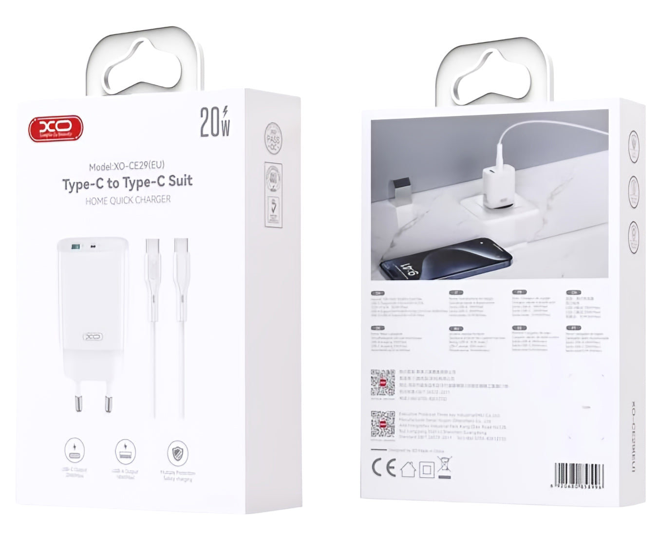 Netzladegerät mit USB-C Kabel XO Design CE29, 20W, 3A, 1 x USB-A - 1 x USB-C, Weiß