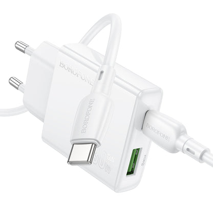 Netzwerkladegerät mit USB-C-Kabel Borofone BN25 Wish, 30 W, 3 A, 1 x USB-A - 1 x USB-C, Weiß