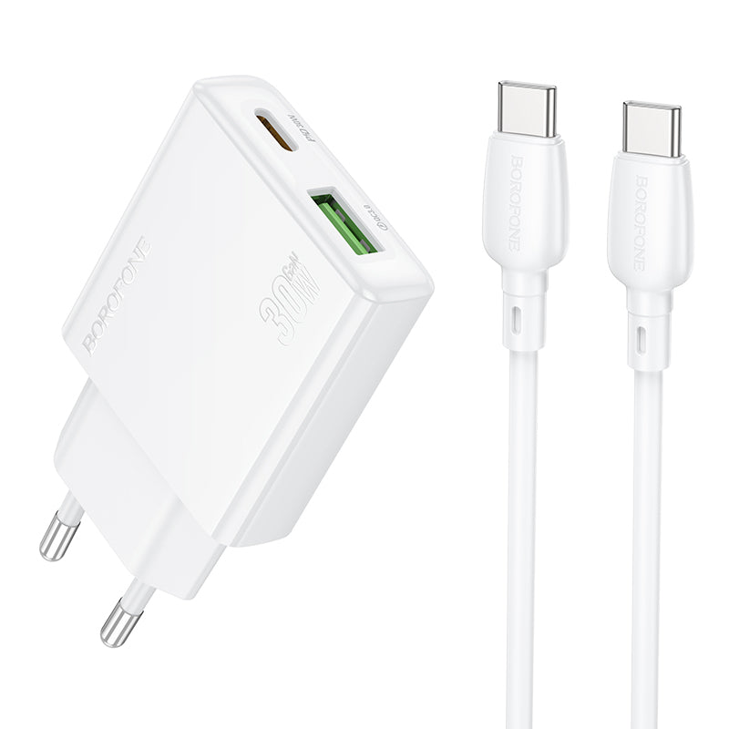 Netzwerkladegerät mit USB-C-Kabel Borofone BN25 Wish, 30 W, 3 A, 1 x USB-A - 1 x USB-C, Weiß