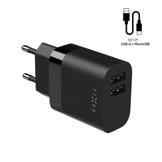 Netzladegerät mit microUSB-Kabel Fixed, 17W, 3A, 2 x USB-A, Schwarz
