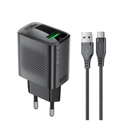 Netzladegerät mit USB-C Kabel Acefast A90, 18W, 3A, 1 x USB-A, Schwarz