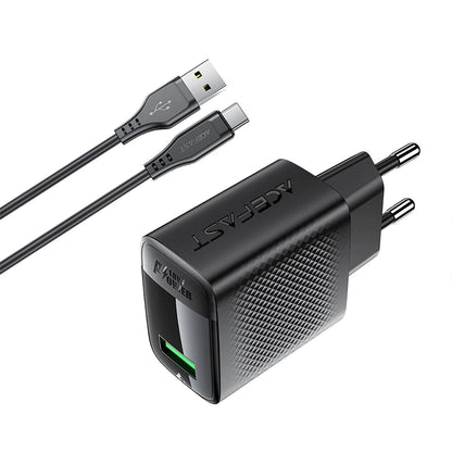 Netzladegerät mit USB-C Kabel Acefast A90, 18W, 3A, 1 x USB-A, Schwarz