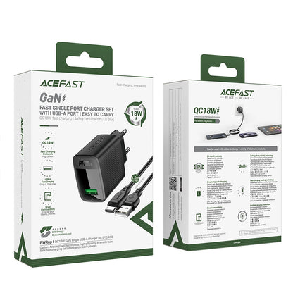 Netzladegerät mit USB-C Kabel Acefast A90, 18W, 3A, 1 x USB-A, Schwarz