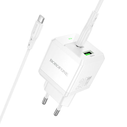 Network Charger with USB-C Cable Borofone BN19 Intenso, 20W, 3A, 1 x USB-A - 1 x USB-C, White