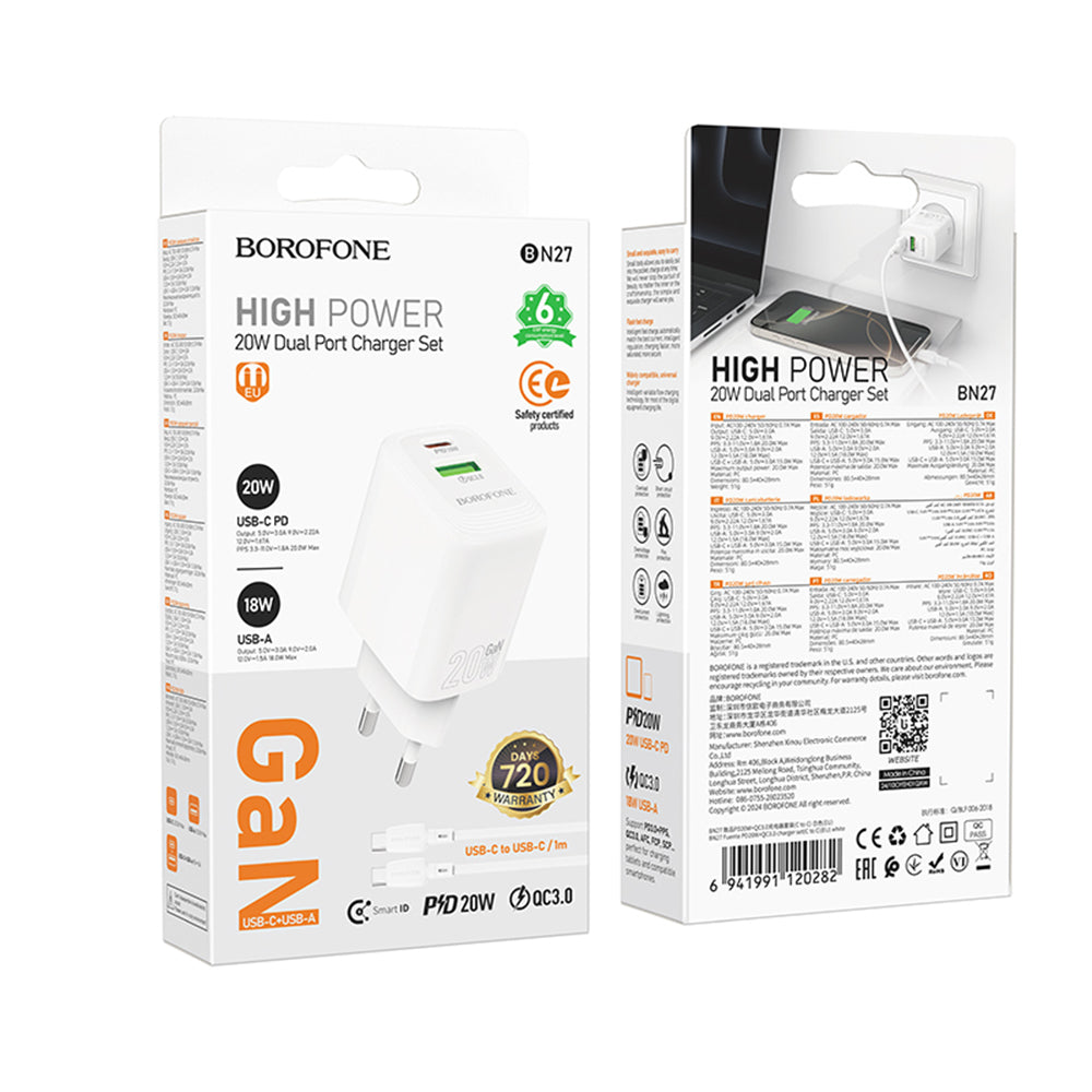 Netzladegerät mit USB-C Kabel Borofone BN27 Fuente, 20W, 3A, 1 x USB-A - 1 x USB-C, Weiß