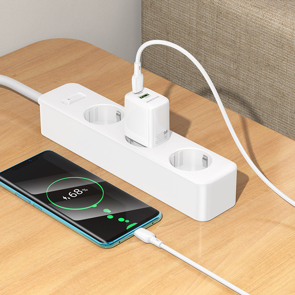Netzladegerät mit USB-C Kabel Borofone BN29 Fuente, 30W, 3A, 1 x USB-A - 1 x USB-C, Weiß