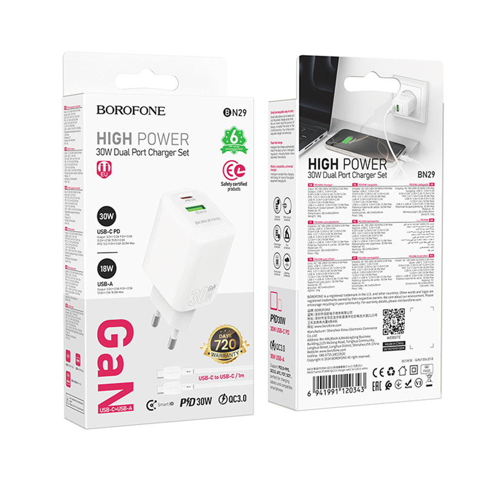 Netzladegerät mit USB-C Kabel Borofone BN29 Fuente, 30W, 3A, 1 x USB-A - 1 x USB-C, Weiß