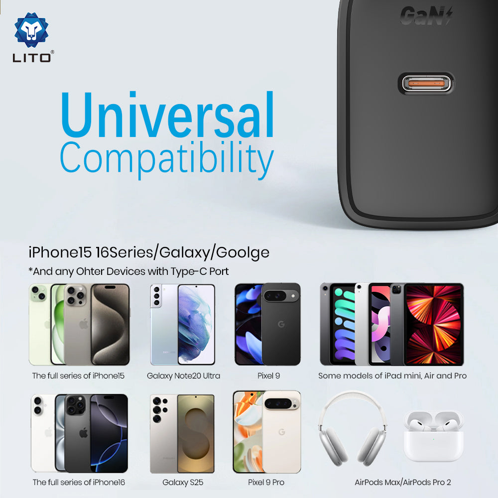 Netzladegerät mit USB-C Kabel Lito LC20T, 45W, 3A, 1 x USB-C, Schwarz