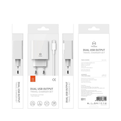 McDodo CH-6721 Network Charger with USB-C Cable Offer, 12W, 2.4A, 2 x USB-A, White