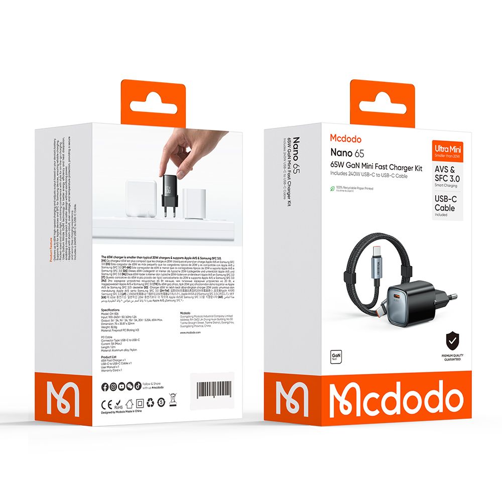 Netzteil mit USB-C-Kabel Mcdodo Nano CH-8262, 65W, 3,25A, 1 x USB-C, Schwarz