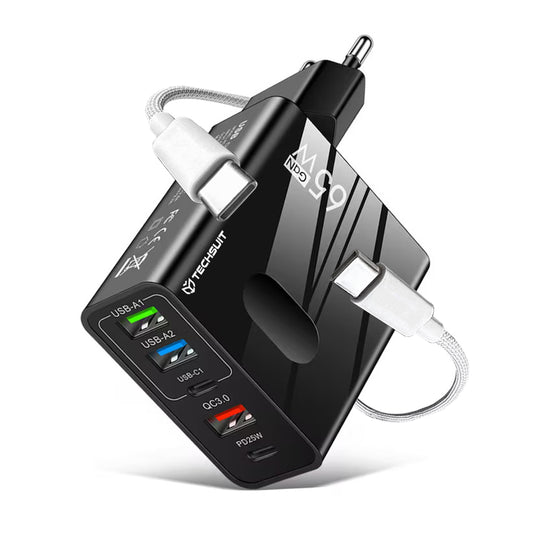 Netzladegerät mit USB-C Kabel Techsuit CHC1 PentaXPower, 25W, 3A, 3 x USB-A - 2 x USB-C, Schwarz