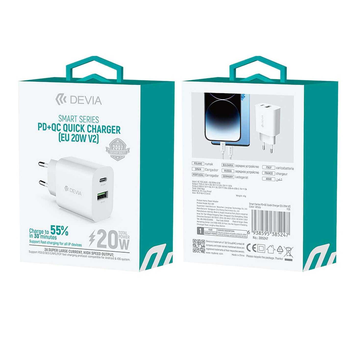 DEVIA RLC-389 Power Adapter, 20W, 3A, 1 x USB-A - 1 x USB-C, White