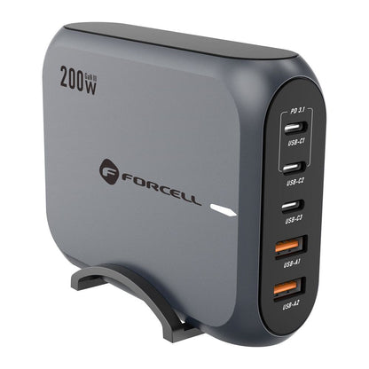 Netzwerkladegerät Forcell F-ENERGY GaN III VT-51, 200 W, 5 A, 2 x USB-A - 3 x USB-C, Grau