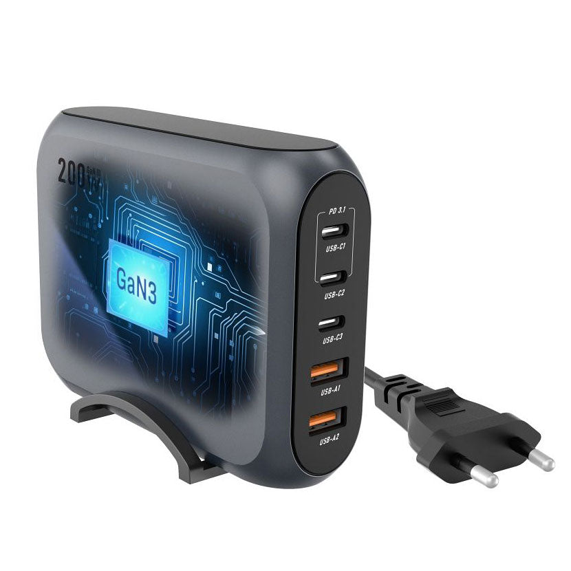 Netzwerkladegerät Forcell F-ENERGY GaN III VT-51, 200 W, 5 A, 2 x USB-A - 3 x USB-C, Grau