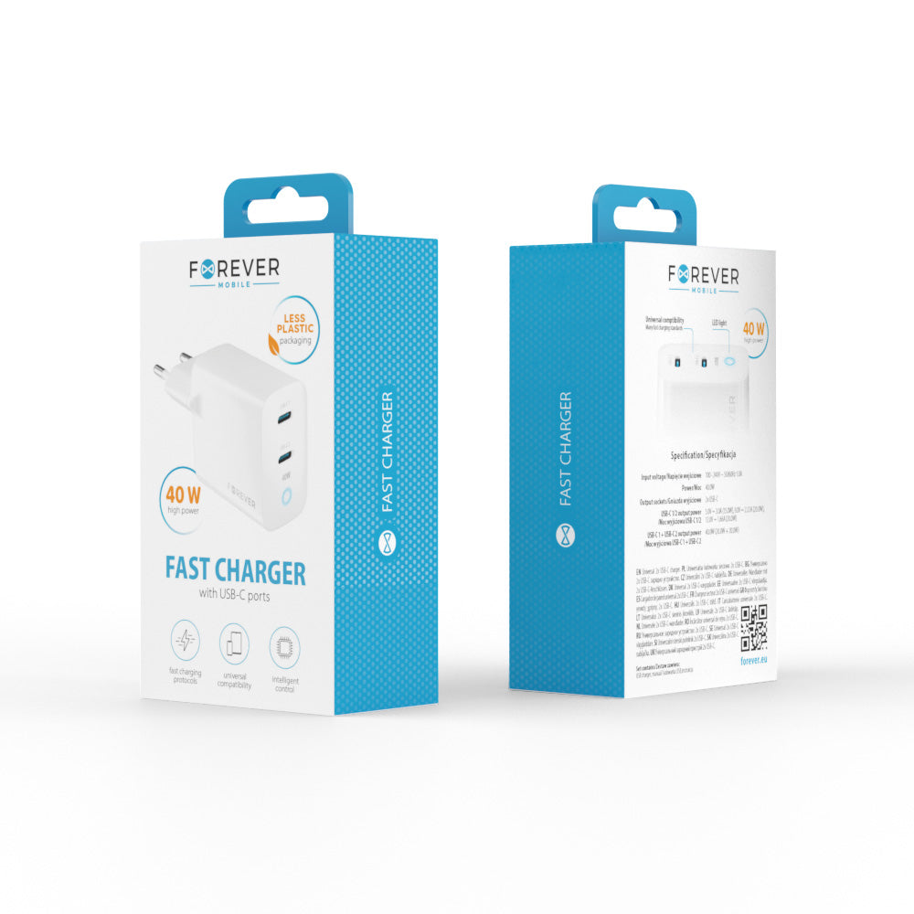 Forever Network Charger TC-06-40CC, 40 W, 3 A, 2 x USB-C, Weiß