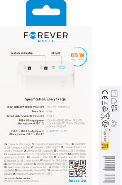 Forever Network Charger TC-06-65CC, 65 W, 3,25 A, 2 x USB-C, Weiß