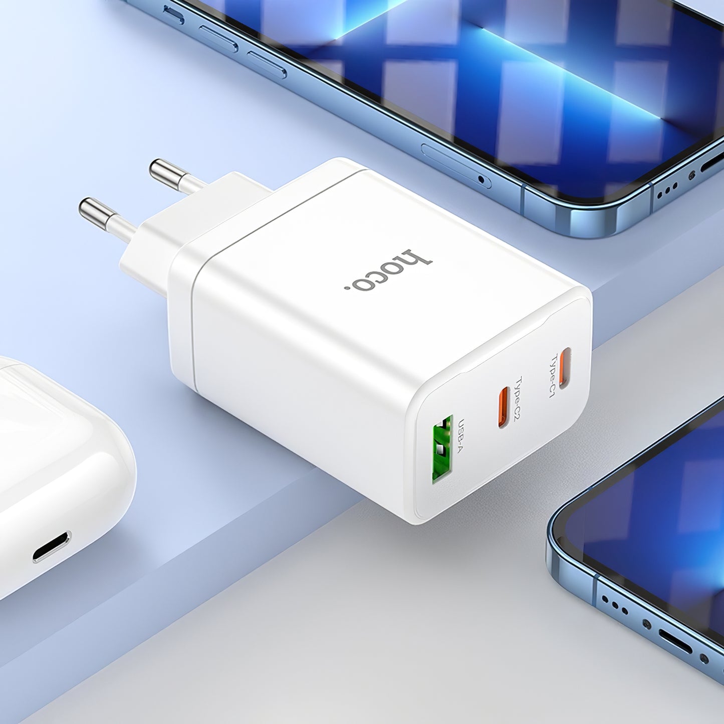 HOCO N33 Netzwerkladegerät, 35 W, 3 A, 1 x USB-A – 2 x USB-C, Weiß