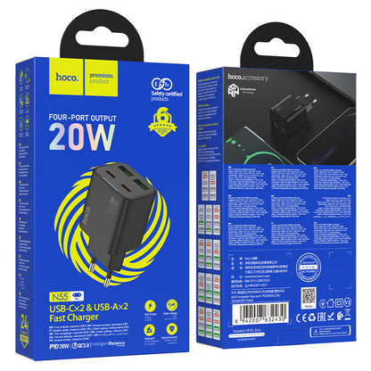 Netzladegerät HOCO N55, 20W, 3A, 2 x USB-A - 2 x USB-C, Schwarz