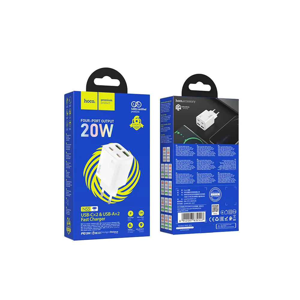 Netzladegerät HOCO N56, 30W, 3A, 2 x USB-A - 2 x USB-C, Weiß
