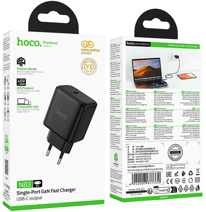 HOCO N83 Netzladegerät, 40W, 3A, 1 x USB-C, Schwarz