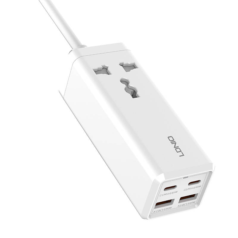 Netzwerkladegerät Ldnio SC1418, 2500 W, 5 A, 1 x Steckdose – 2 x USB-A – 2 x USB-C, Weiß