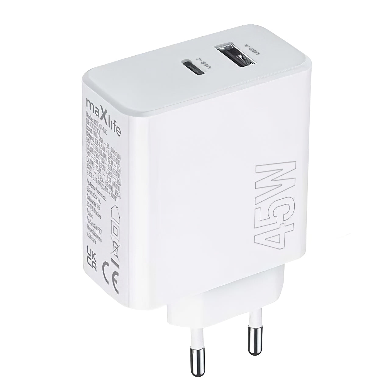 MaXlife Netzwerk-Ladegerät MXTC-07-45AC, 45 W, 3 A, 1 x USB-A – 1 x USB-C, Weiß