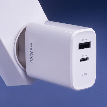 MaXlife Netzwerk-Ladegerät MXTC-10-30AC, 30 W, 3 A, 1 x USB-A – 1 x USB-C, Weiß