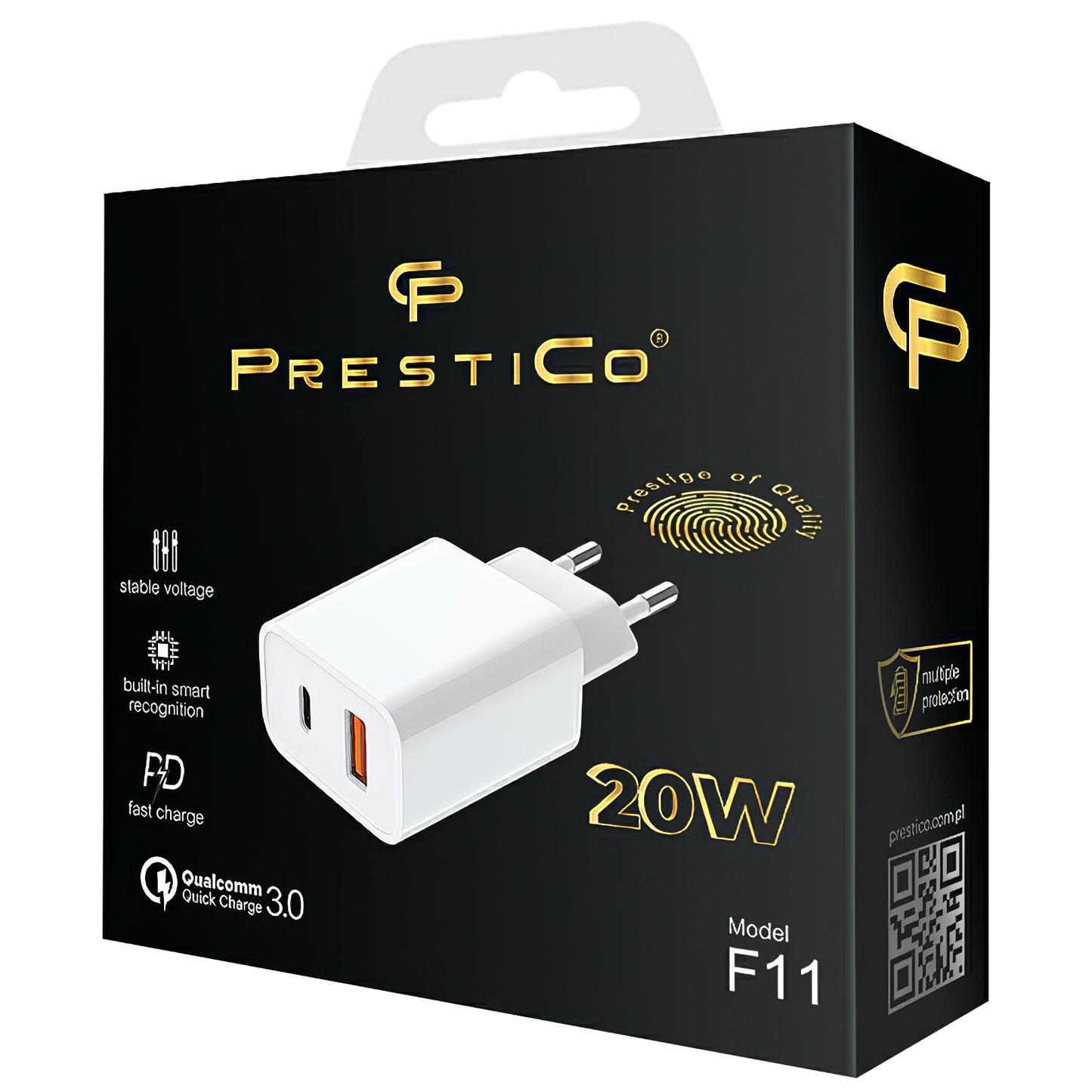 Prestico F11 Power Adapter, 20W, 3A, 1 x USB-A - 1 x USB-C, White