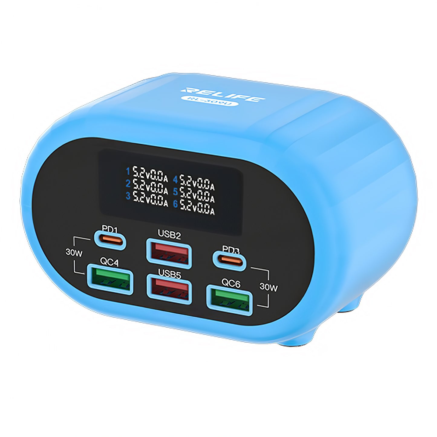 Relife RL-309U Ladestation Ladegerät, 72W, 5A, 2 x USB-C - 4 x USB-A, Blau