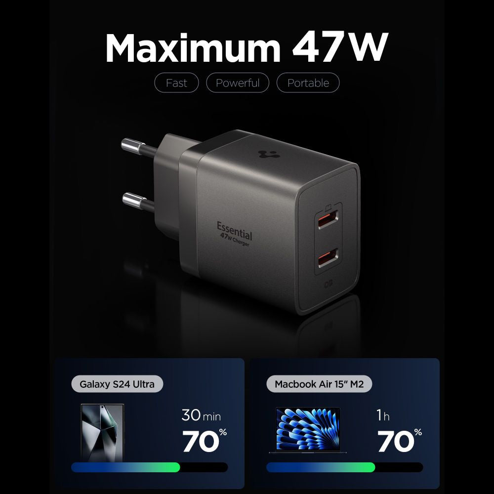 Netzteil Spigen EE472EU Essential, 47W, 3A, 2 x USB-C, Grau ACH10450