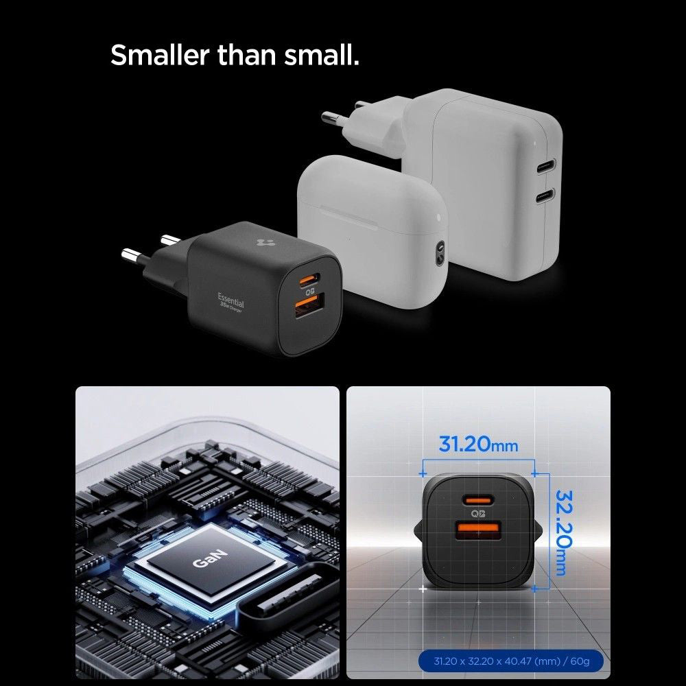 Spigen Essential Netzladegerät, 35W, 3A, 1 x USB-A - 1 x USB-C, Schwarz
