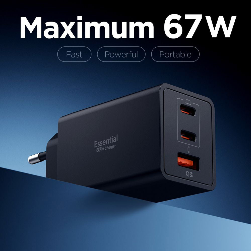 Netzladegerät Spigen Essential, 67W, 3.25A, 1 x USB-A - 2 x USB-C, Schwarz