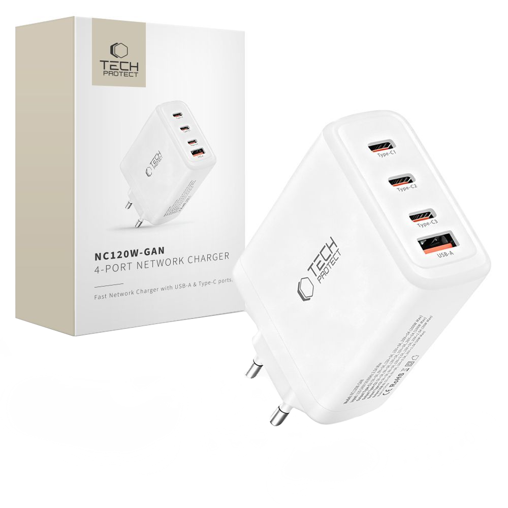 Netzladegerät Tech-Protect NC120W-GAN, 120W, 5A, 1 x USB-A - 3 x USB-C, Weiß